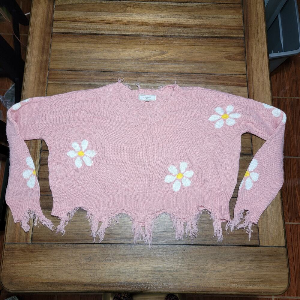 No Comment LS Pink Knit Crop Sweater w/ Raw Hem - Size Medium